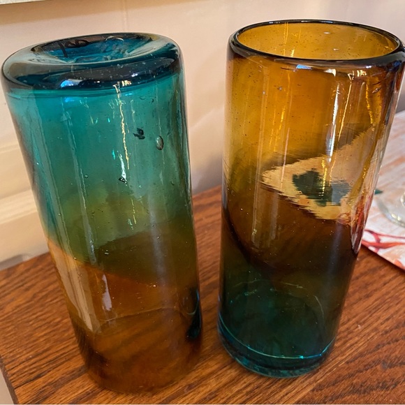 2 Hand Blown Tall Glasses Ombré Teal & Gold 6.25” Tall - Picture 3 of 4